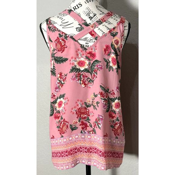 Pink Rose Vintage Blouse Top Tank CrissCross Back Romantic Spring Y2K Sz Large - Picture 3 of 7